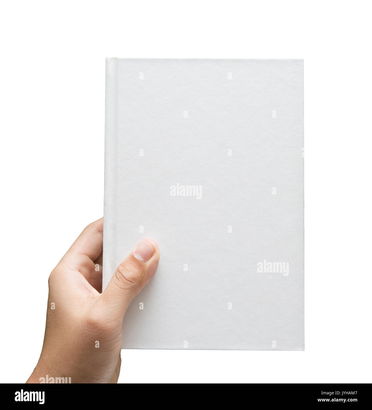 Hand holding white blank book isolated on white Banque D'Images
