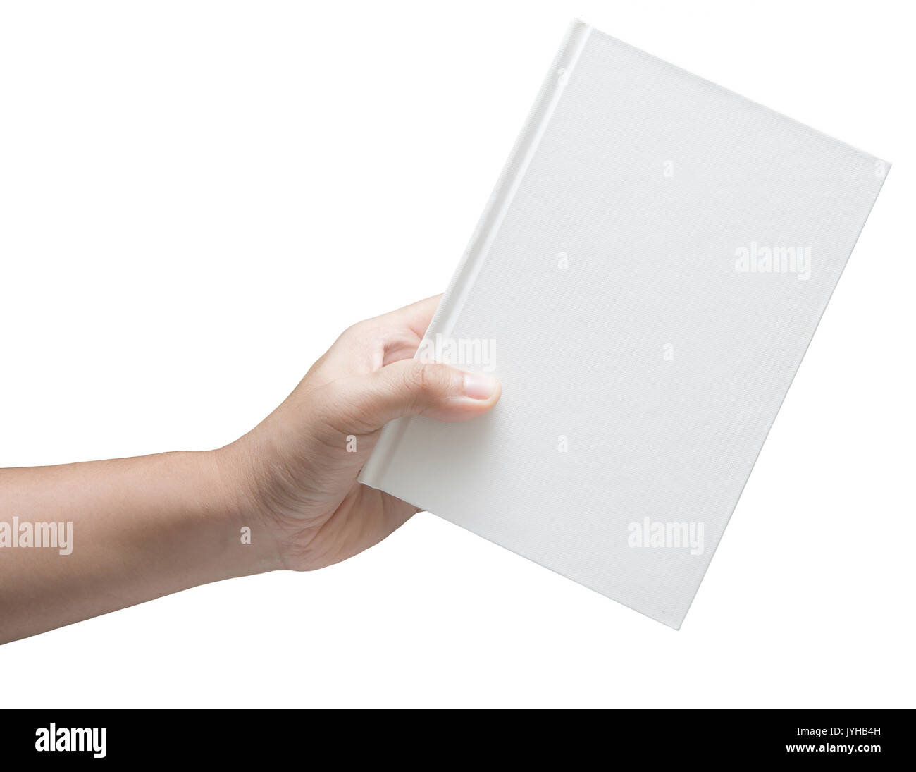Hand holding white blank book isolated on white Banque D'Images