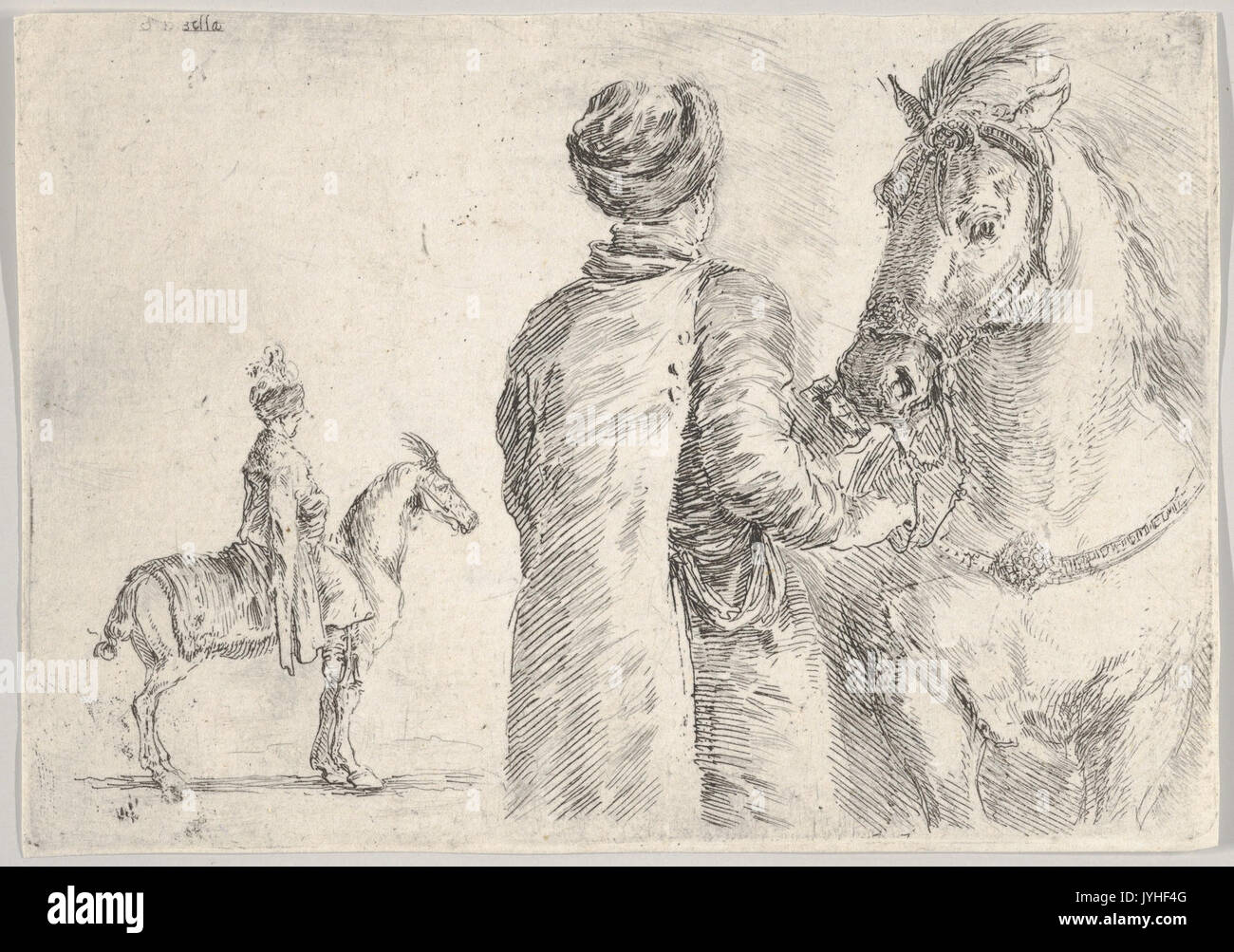 Un service voiturier, vu de dos, tenant la bride d'un cheval à droite, un cavalier polonais de profil vers la gauche dans l'arrière-plan rencontré DP831102 Banque D'Images