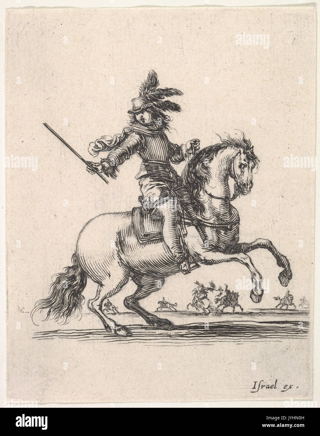 Un commandant à cheval, donnant des ordres et en faisant signe à droite, d'autres cavaliers dans l'arrière-plan, dont deux sont engagés dans un duel avec des pistolets, de 'divers exercices de cavalerie' (Diverses exercices de cavalerie) 0011 Banque D'Images
