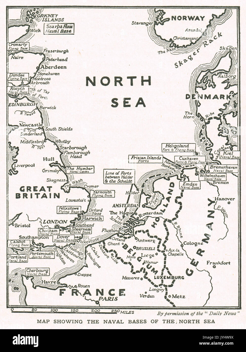 Carte montrant les bases navales de la mer du Nord au début de la WW1 Banque D'Images