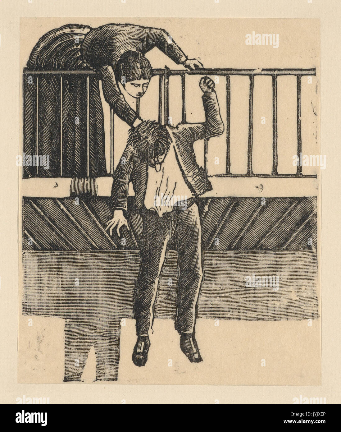 Une femme à la découverte d'un homme qui a commis le suicide par pendaison d'un balcon rencontré DP868023 Banque D'Images