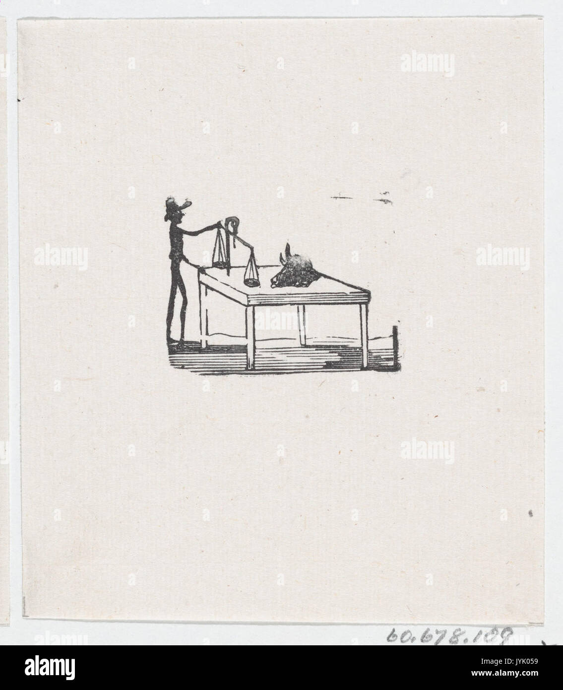 Un homme debout à une table avec une balance et un crâne de vache rencontré DP869518 Banque D'Images