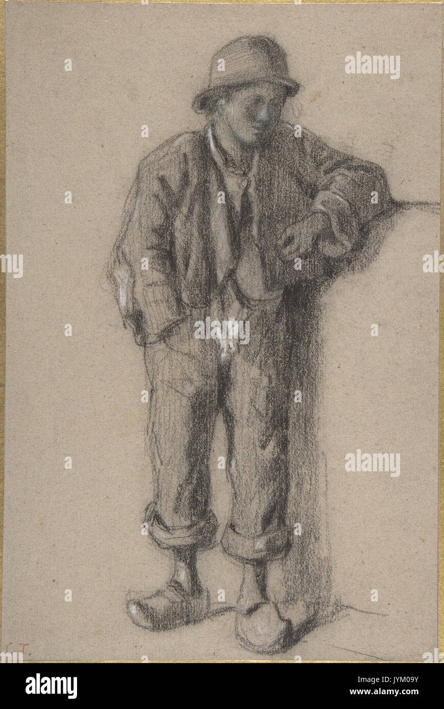 Un paysan debout garçon dans un chapeau et des chaussures en bois remplies DP808410 Banque D'Images