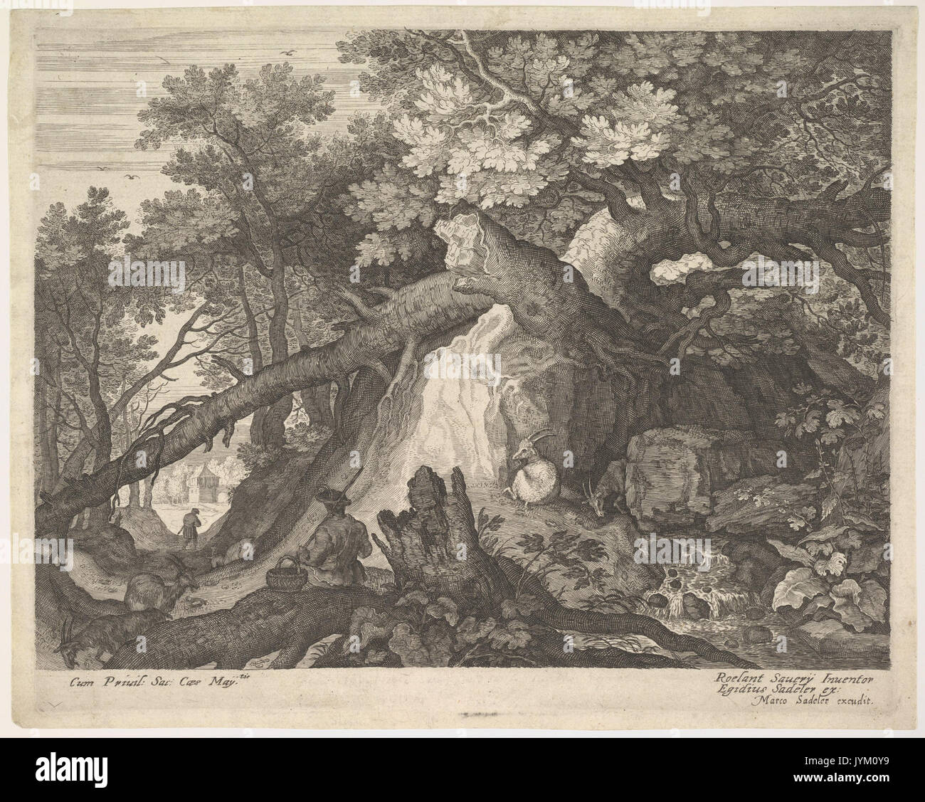 Un homme tenant un bâton et assis sur un tronc d'arbre ; avec deux chèvres d'un côté, entouré par les arbres abattus, de feuillage, et d'un flux, d'une série de six paysages après Roelandt Savery RENCONTRÉ DP828129 Banque D'Images