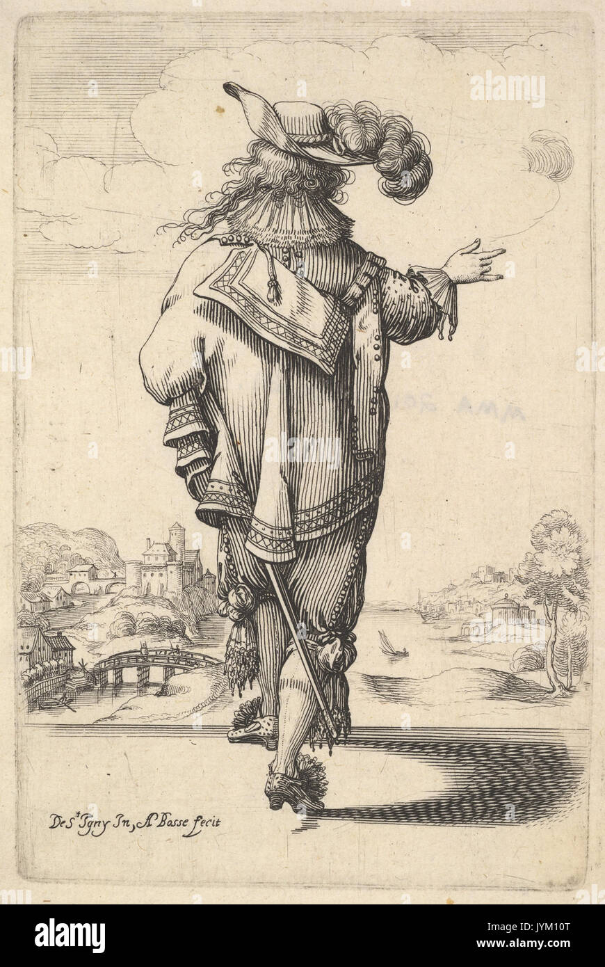 Un homme portant un chapeau à plumes et portant une épée, vu de dos, son bras droit, outstrestched un paysage en arrière-plan avec des maisons et une tour rencontré DP829199 Banque D'Images