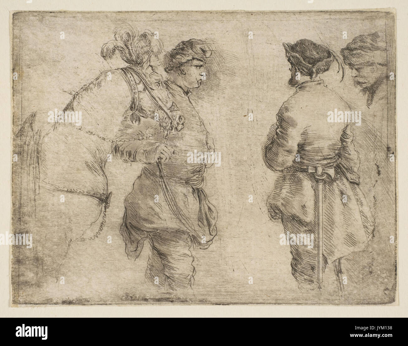 Un pôle conduisant un cheval par la bride et parlant avec deux autres hommes rencontré DP817440 Banque D'Images