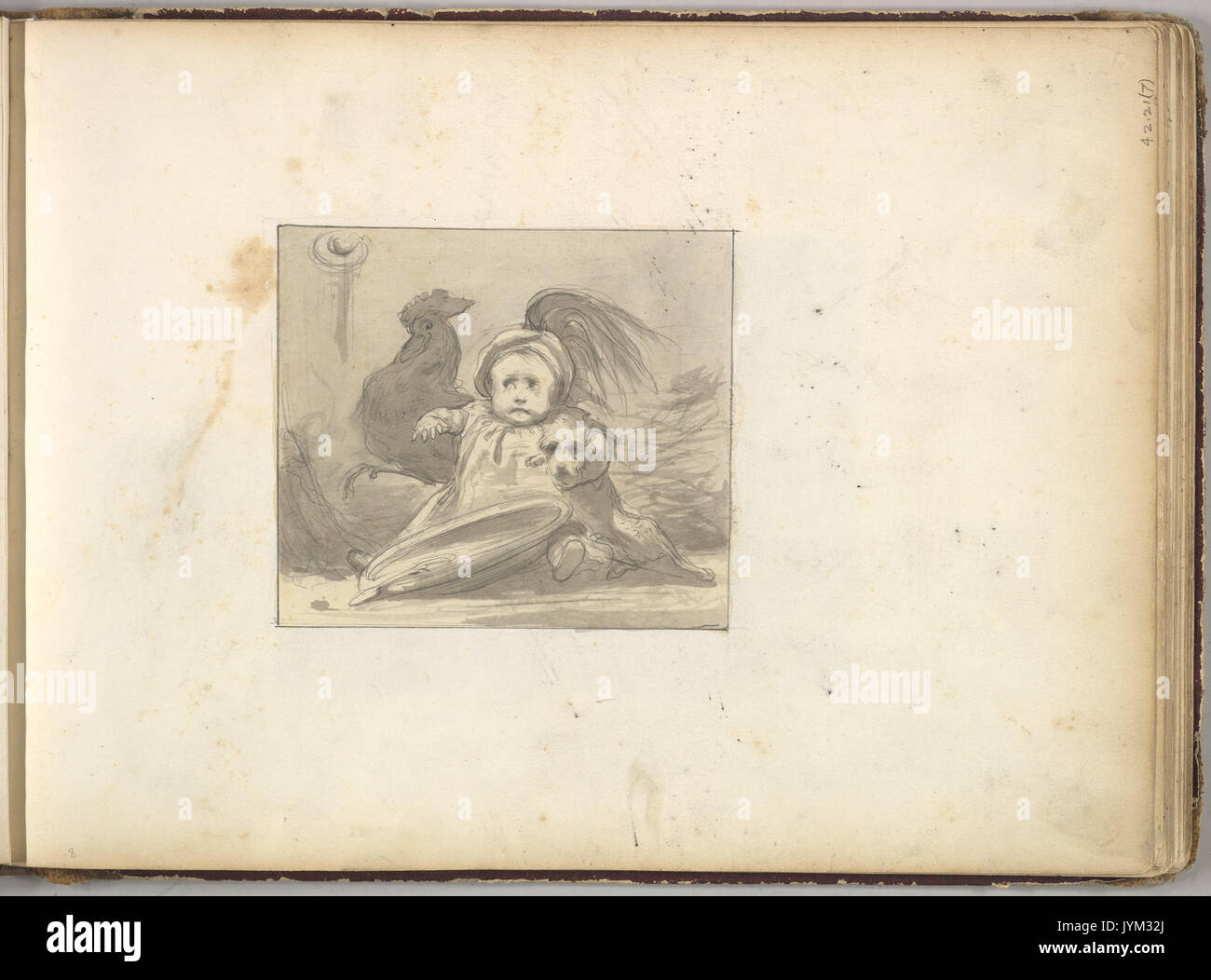 Un bébé en robe du 16ème siècle avec un coq et un chien (en carnet de croquis avec des dessins sur vingt six feuilles) rencontré DP826419 Banque D'Images