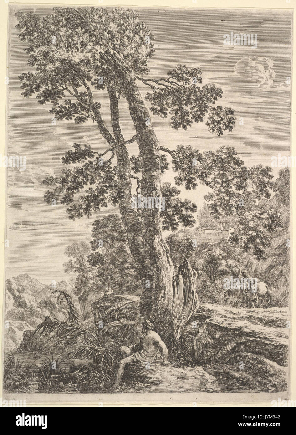 Un pêcheur au centre vers la gauche et appuyé contre un grand arbre, une femme marche à côté d'un cheval à droite dans l'arrière-plan, à partir de 'quatre grands paysages" (Quatre grands paysages en hauteur) rencontré DP827780 Banque D'Images