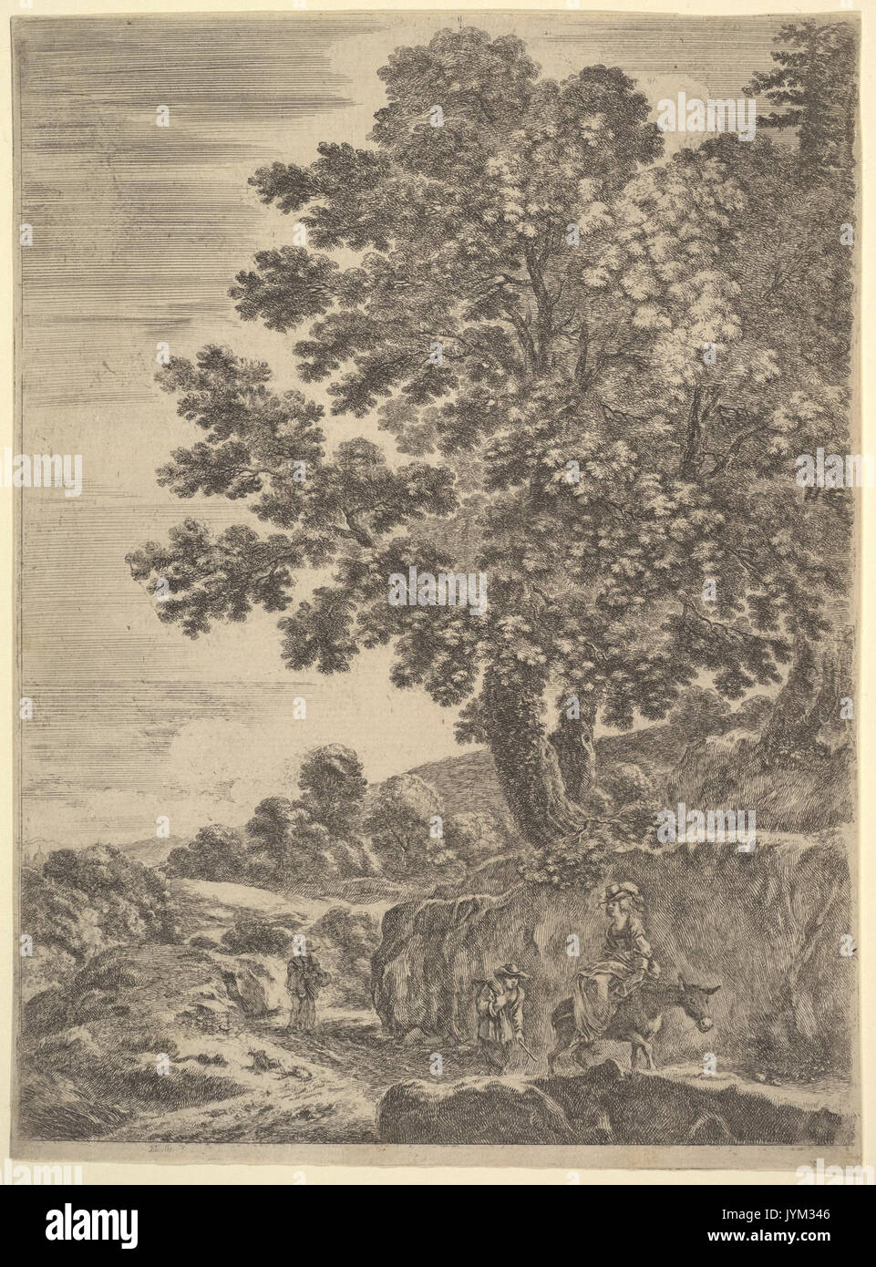 Une jeune femme assise sur un âne portant un chapeau avec une plume à cheval vers la droite, deux hommes suivez à gauche, un grand arbre au-dessus à droite, à partir de 'quatre grands paysages" (Quatre grands paysages en hauteur) rencontré DP827782 Banque D'Images
