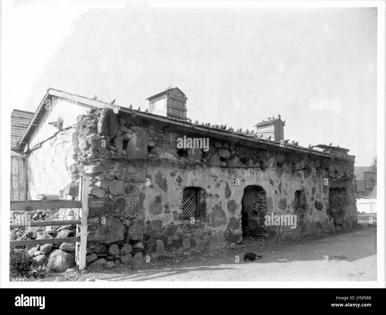 Un chien dort sur le sol en face de la résidence des prêtres de la Mission San Luis Obispo de Tolosa, ca.1900 (4149) du SHC Banque D'Images