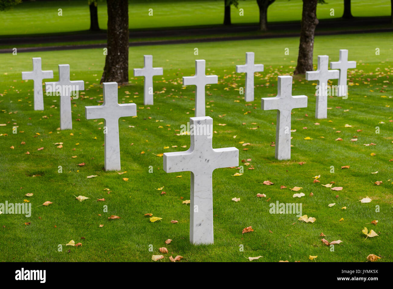Les rangées de pierres tombales en marbre blanc en Meuse-Argonne WW1 cimetière militaire américain, Meuse, France Banque D'Images