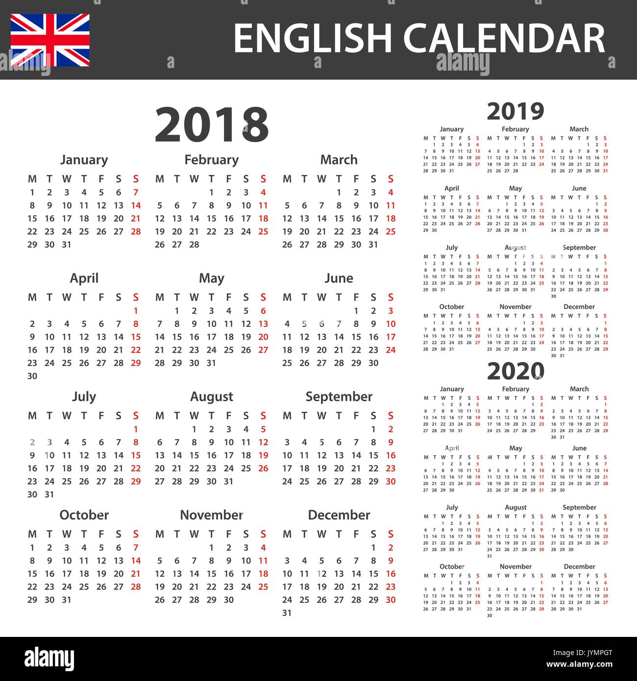 Calendrier anglais pour 2018, 2019 et 2020. Planificateur, ou de l'ordre du modèle de journal. Semaine commence le lundi Illustration de Vecteur