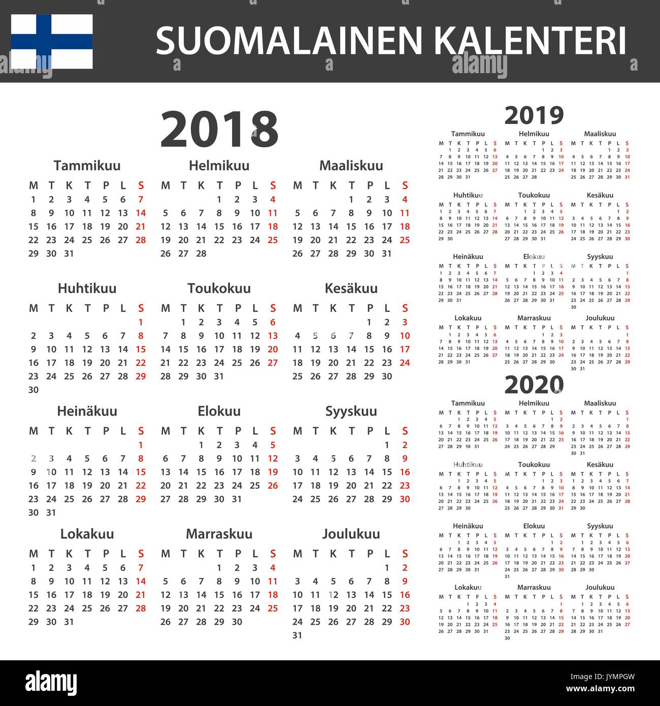Calendrier des Finlandais en 2018, 2019, 2020. Planificateur, ou de l'ordre du modèle de journal. Semaine commence le lundi Illustration de Vecteur