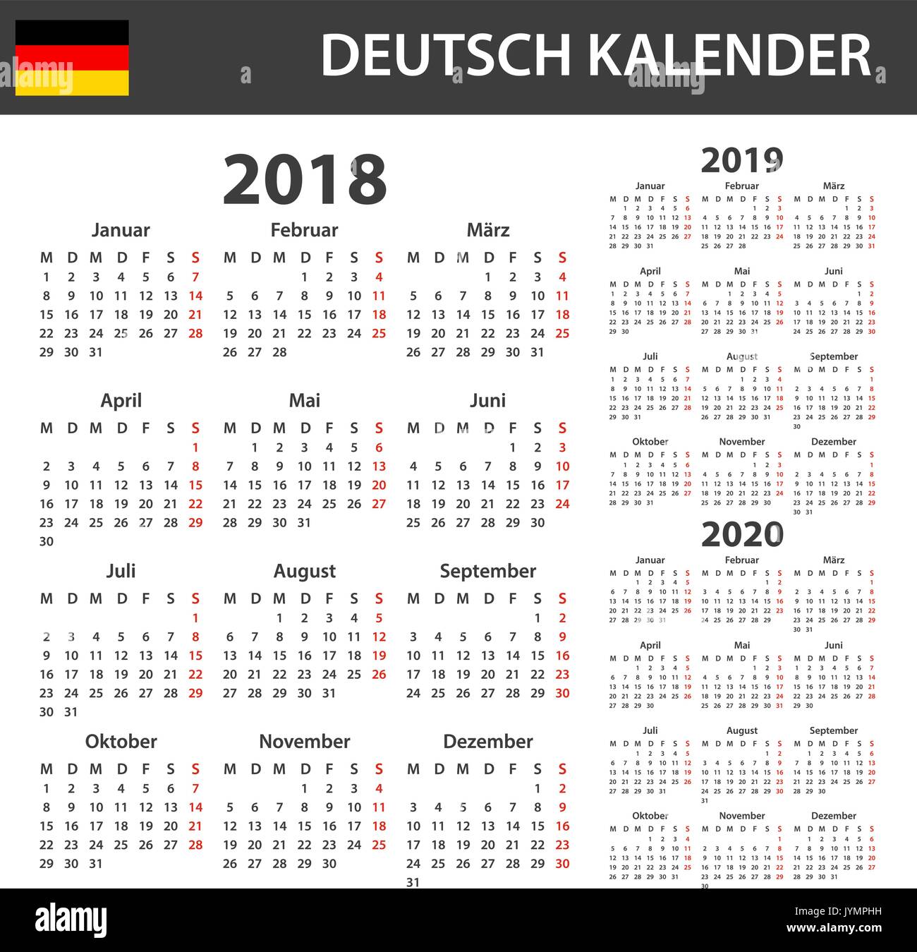 Calendrier allemand pour 2018, 2019 et 2020. Planificateur, ou de l'ordre du modèle de journal. Semaine commence le lundi Illustration de Vecteur
