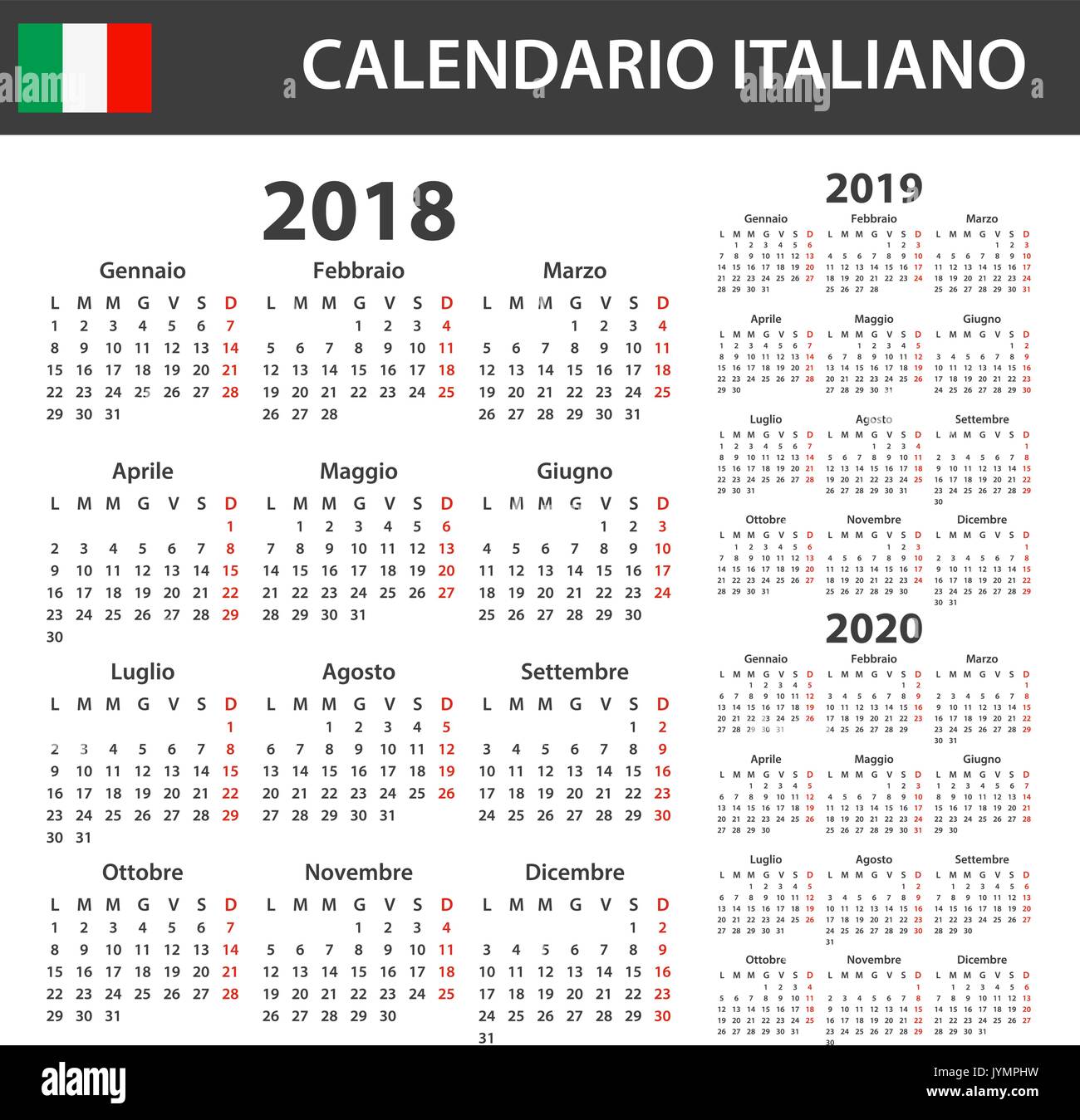Calendrier italien pour 2018, 2019 et 2020. Planificateur, ou de l'ordre du modèle de journal. Semaine commence le lundi Illustration de Vecteur