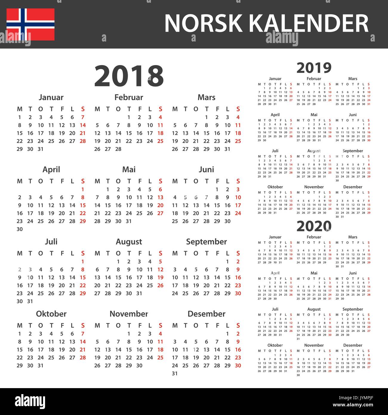 Calendrier norvégien pour 2018, 2019 et 2020. Planificateur, ou de l'ordre du modèle de journal. Semaine commence le lundi Illustration de Vecteur