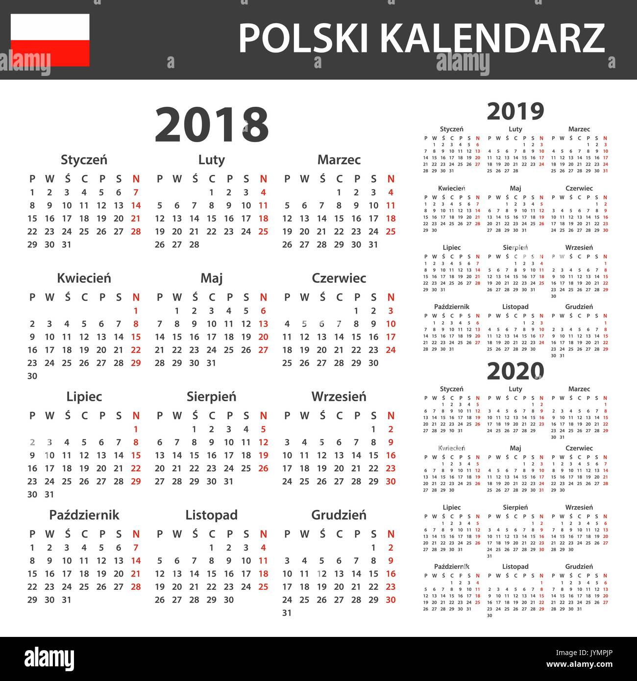 Calendrier polonais pour 2018, 2019 et 2020. Planificateur, ou de l'ordre du modèle de journal. Semaine commence le lundi Illustration de Vecteur