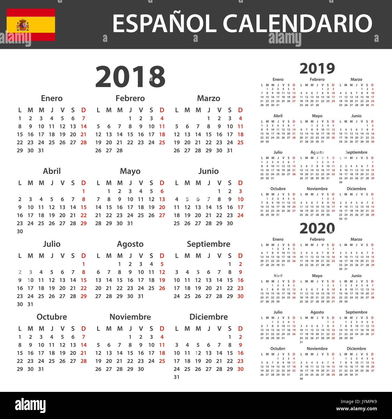 Calendrier espagnol pour 2018, 2019 et 2020. Planificateur, ou de l'ordre du modèle de journal. Semaine commence le lundi Illustration de Vecteur