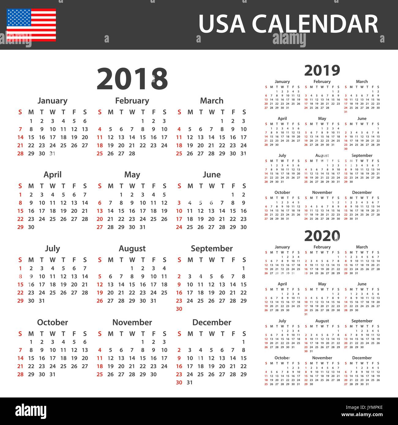 Calendrier pour 2018 USA, 2019 et 2020. Planificateur, ou de l'ordre du modèle de journal. Semaine commence le dimanche Illustration de Vecteur