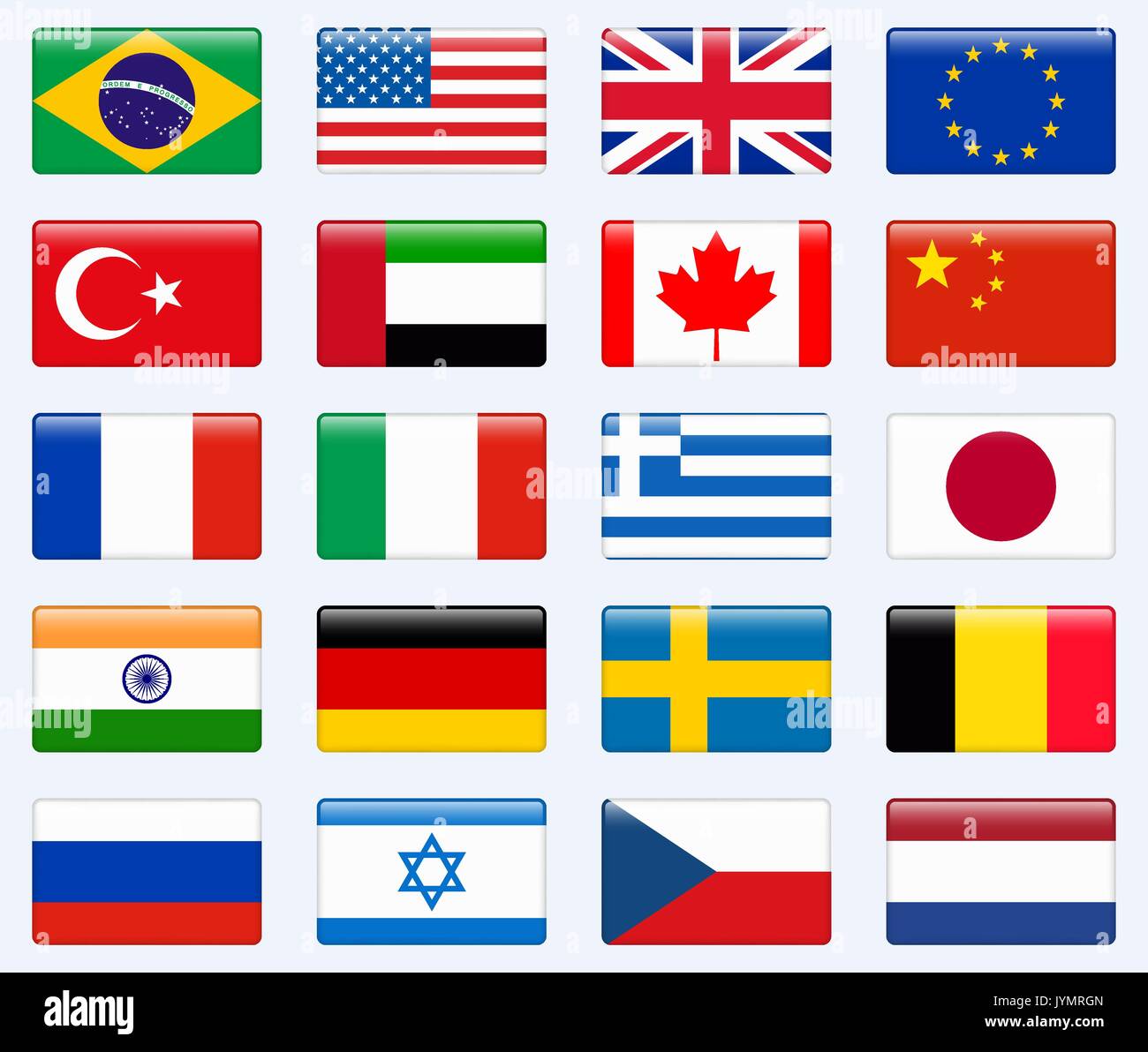 Ensemble de drapeaux de pays populaires. Rectangle brillant vector icon set. Illustration de Vecteur