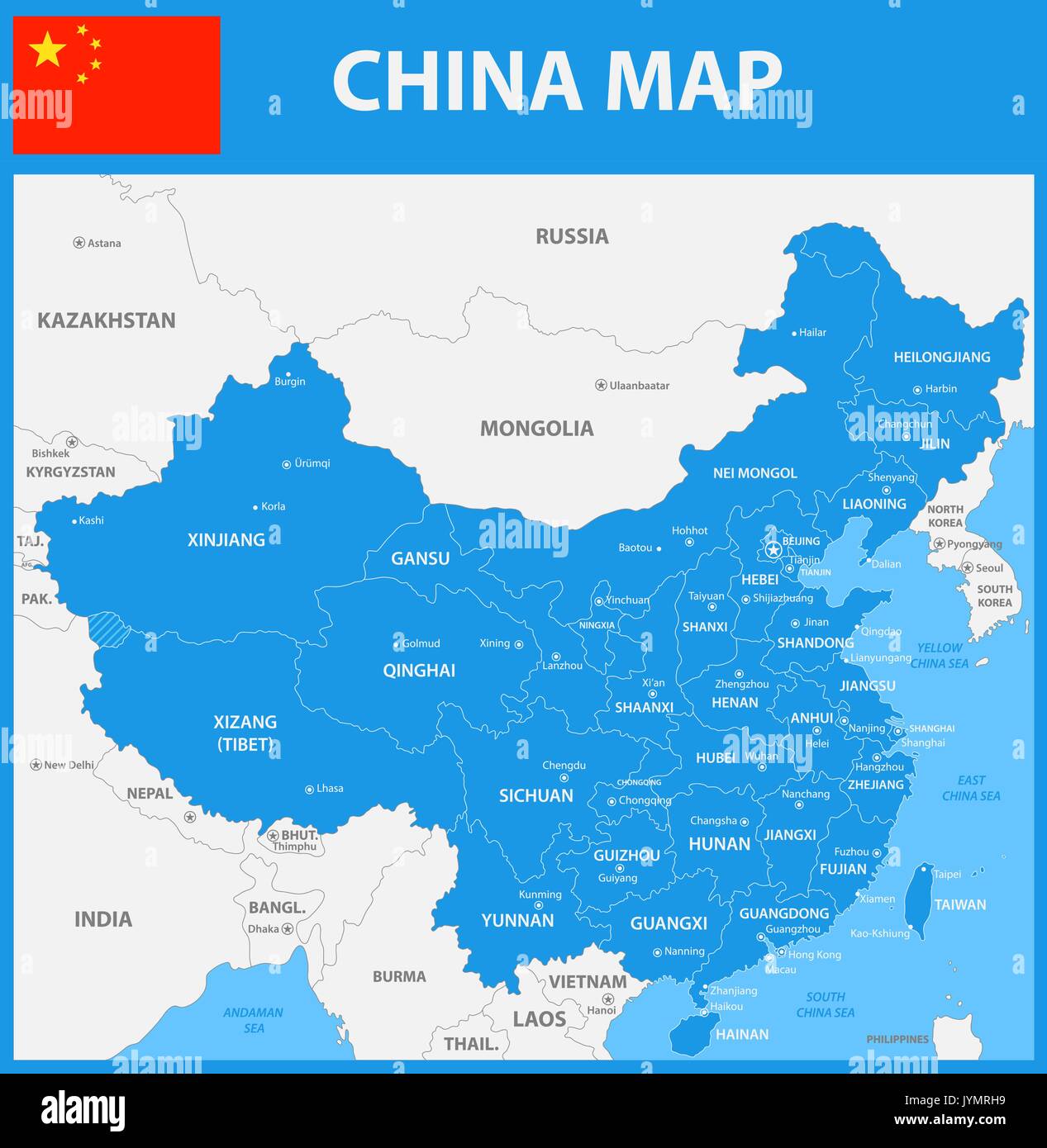 La carte détaillée de la Chine avec les régions ou États et villes, capitales. Illustration de Vecteur