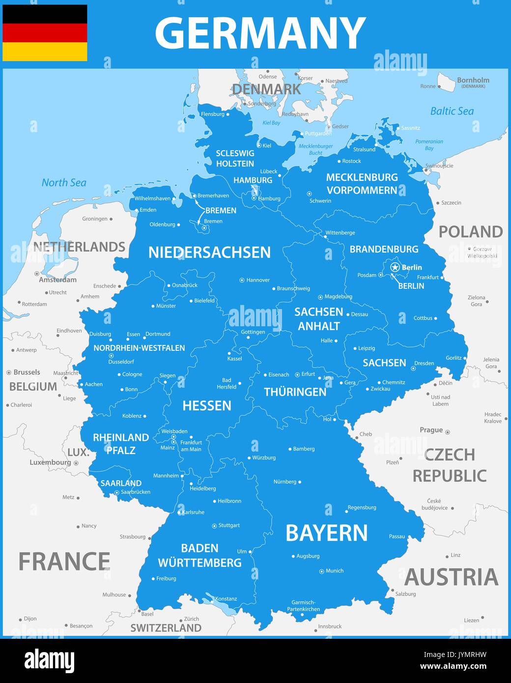 La carte détaillée de l'Allemagne avec les régions ou États et villes ...
