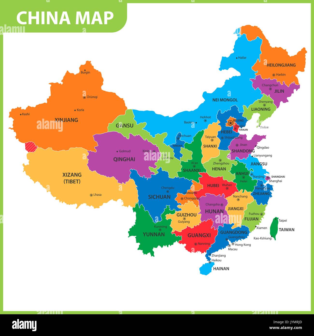 La carte détaillée de la Chine avec les régions ou États et villes, capitales Illustration de Vecteur