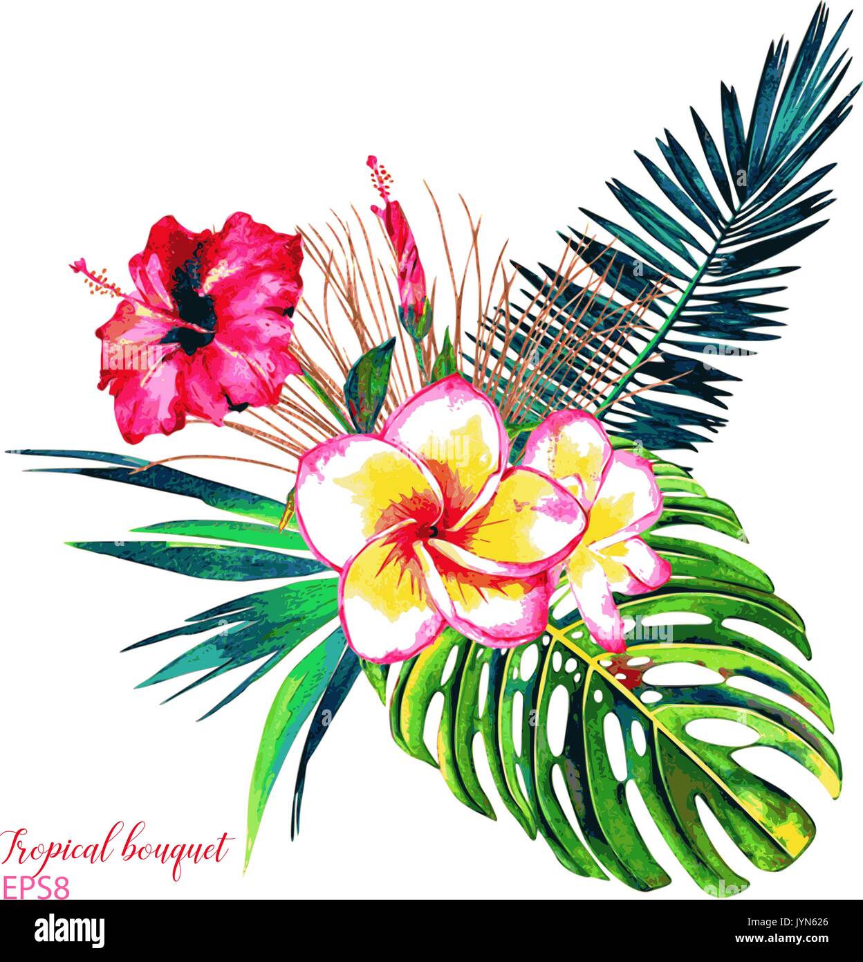 Bouquet Tropical. Fleurs exotiques d'hibiscus et frangipanier, forêt  tropicale feuilles de palmier et monstera. Vector fait main à l'aquarelle  Image Vectorielle Stock - Alamy