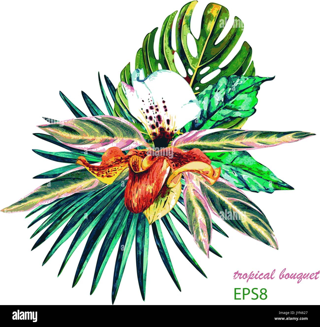 Bouquet Tropical. Orchidées exotiques avec des feuilles de palmier, jungle et monstera. Vector fait main aquarelle, isolé sur fond blanc. Composition florale. Illustration de Vecteur