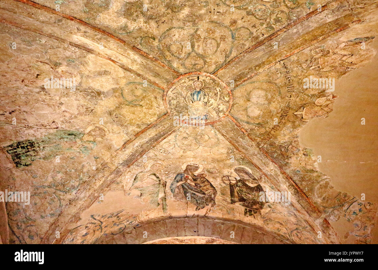 Une vue de la peinture médiévale sur le plafond de la trésorerie dans la cathédrale anglicane de la ville de Norwich, Norfolk, Angleterre, Royaume-Uni. Banque D'Images