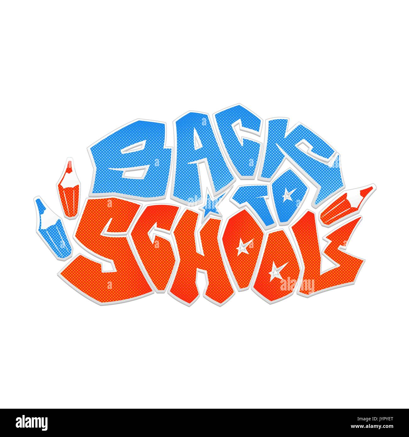 Retour à l'École de style graffiti logo Vector. Demi-teinte bleu et rouge, texte et dessins crayons. Police urbaine avec un points. Prête pour une nouvelle saison de l'école. Illustration de Vecteur