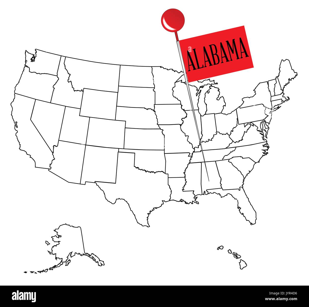 Carte contour des USA avec un bouton pin dans l'état de l'Alabama Illustration de Vecteur