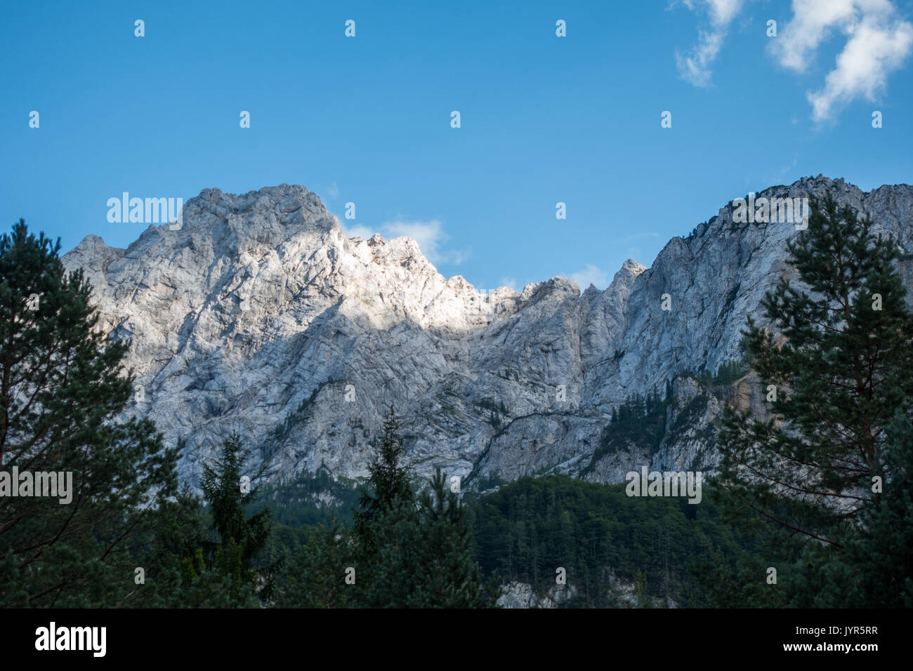 Crête de montagne alpine sur ciel bleu et forêt en arrière-plan, la vallée de Logar Logarska, Slovénie Banque D'Images