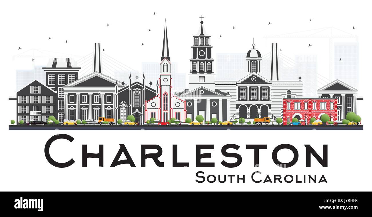 Charleston en Caroline du Sud avec des toits de bâtiments gris isolé sur fond blanc. vector illustration. Les voyages d'affaires et tourisme illustration Illustration de Vecteur