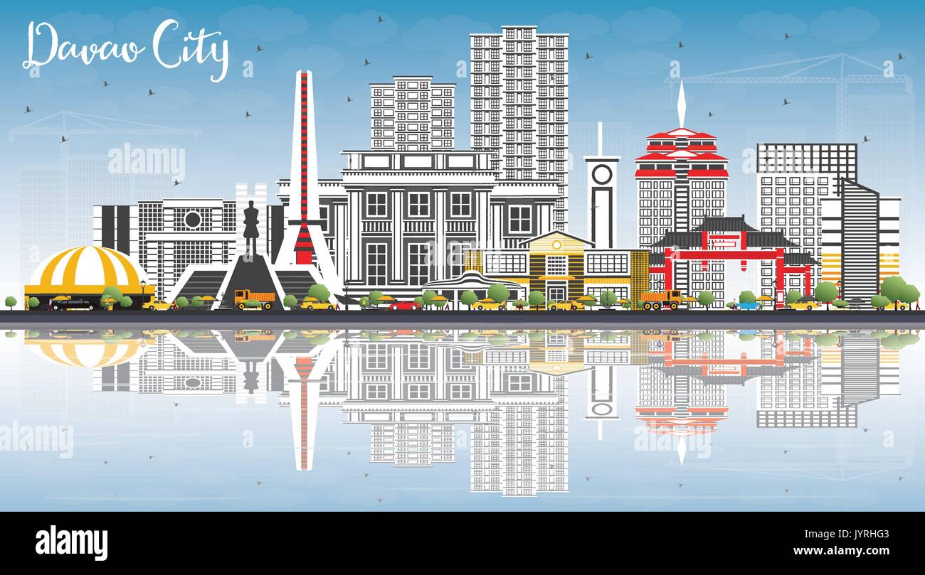 Davao City philippines skyline avec bâtiments gris, ciel bleu et réflexions. vector illustration. Les voyages d'affaires et tourisme illustration Illustration de Vecteur