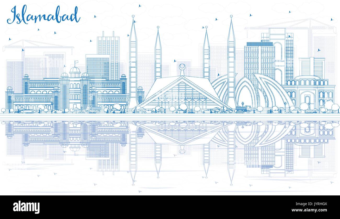 Islamabad contour bleu horizon avec bâtiments et réflexions. vector illustration. Les voyages d'affaires et tourisme concept avec l'architecture historique. Illustration de Vecteur