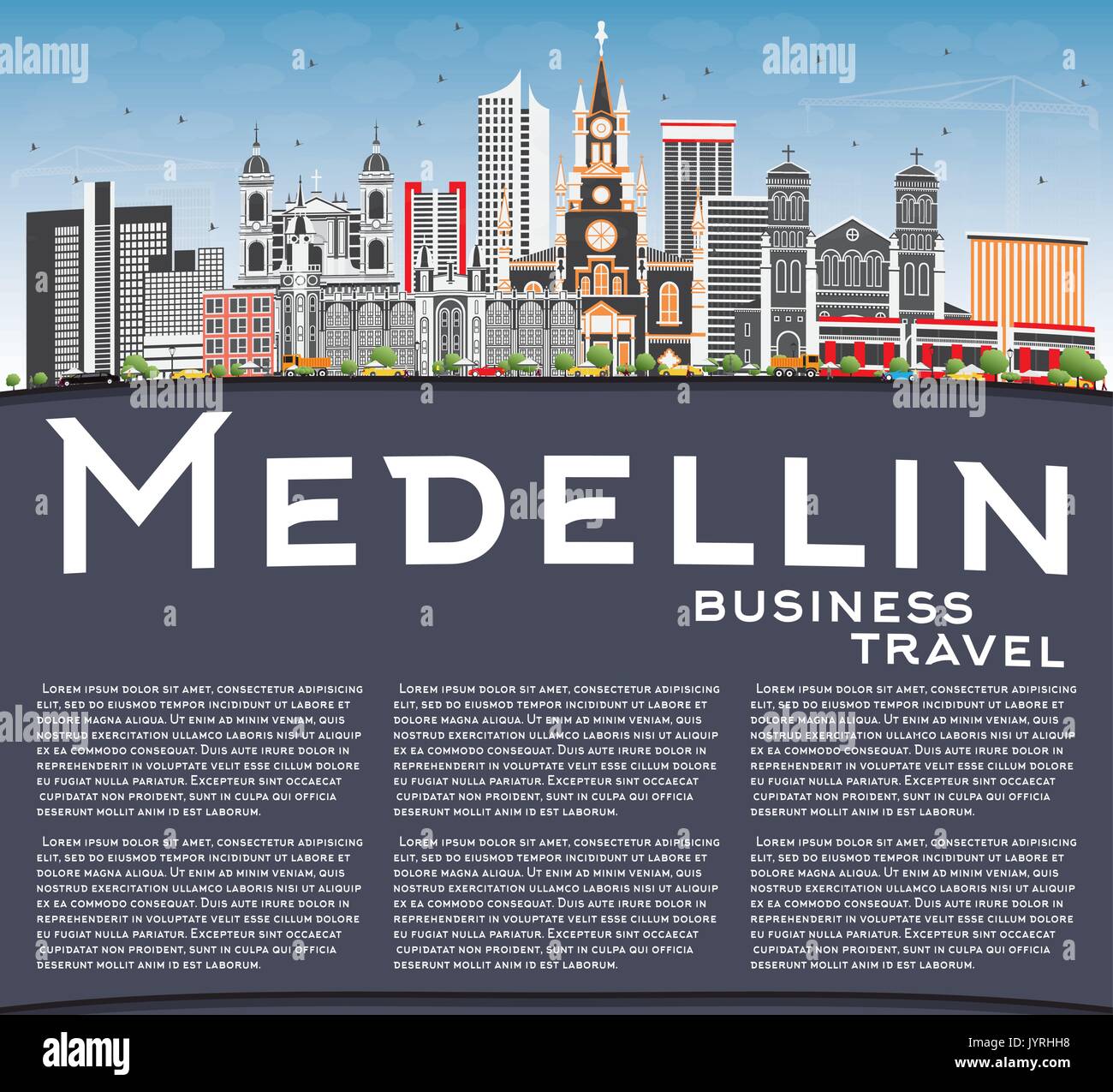 Medellin avec toits de bâtiments gris, bleu ciel et espace copie. vector illustration. Les voyages d'affaires et tourisme concept avec l'architecture historique. Illustration de Vecteur