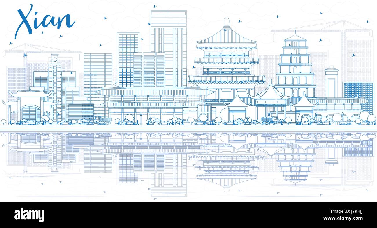 Xian contour bleu horizon avec bâtiments et réflexions. vector illustration. Les voyages d'affaires et tourisme concept avec l'architecture historique. Illustration de Vecteur