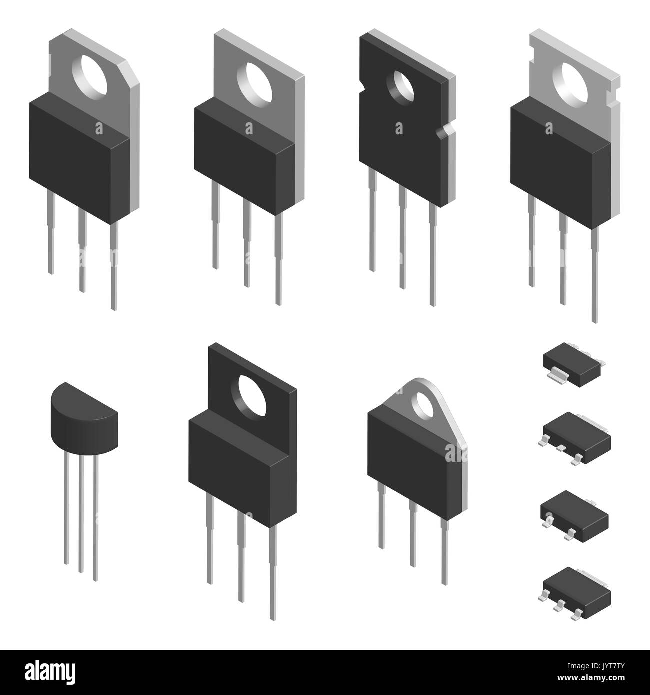 Set de transistors de formes différentes isolé sur fond blanc. La conception d'éléments de composants électroniques. 3D isométrique, style vector illustration Illustration de Vecteur