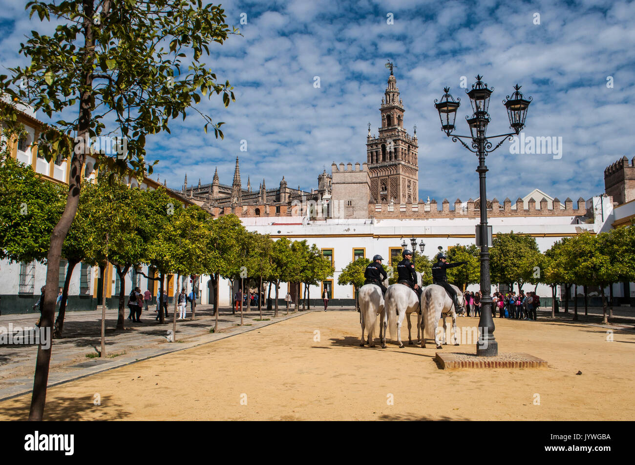 Espagne : les agents de police à cheval sur le sable dans la cour de l'un des drapeaux, dans le quartier juif de Séville, avec vue sur la Giralda Banque D'Images