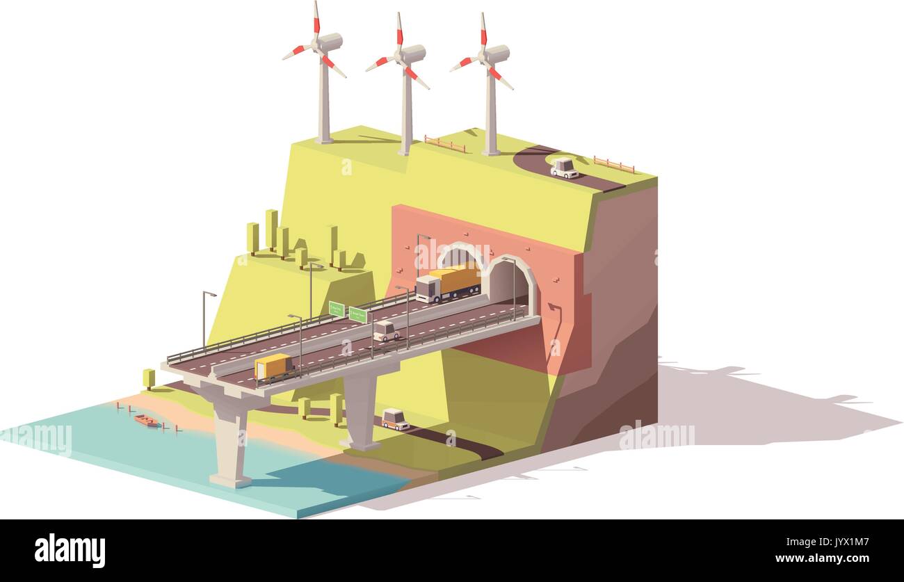 Faible vecteur route et poly wind farm Illustration de Vecteur