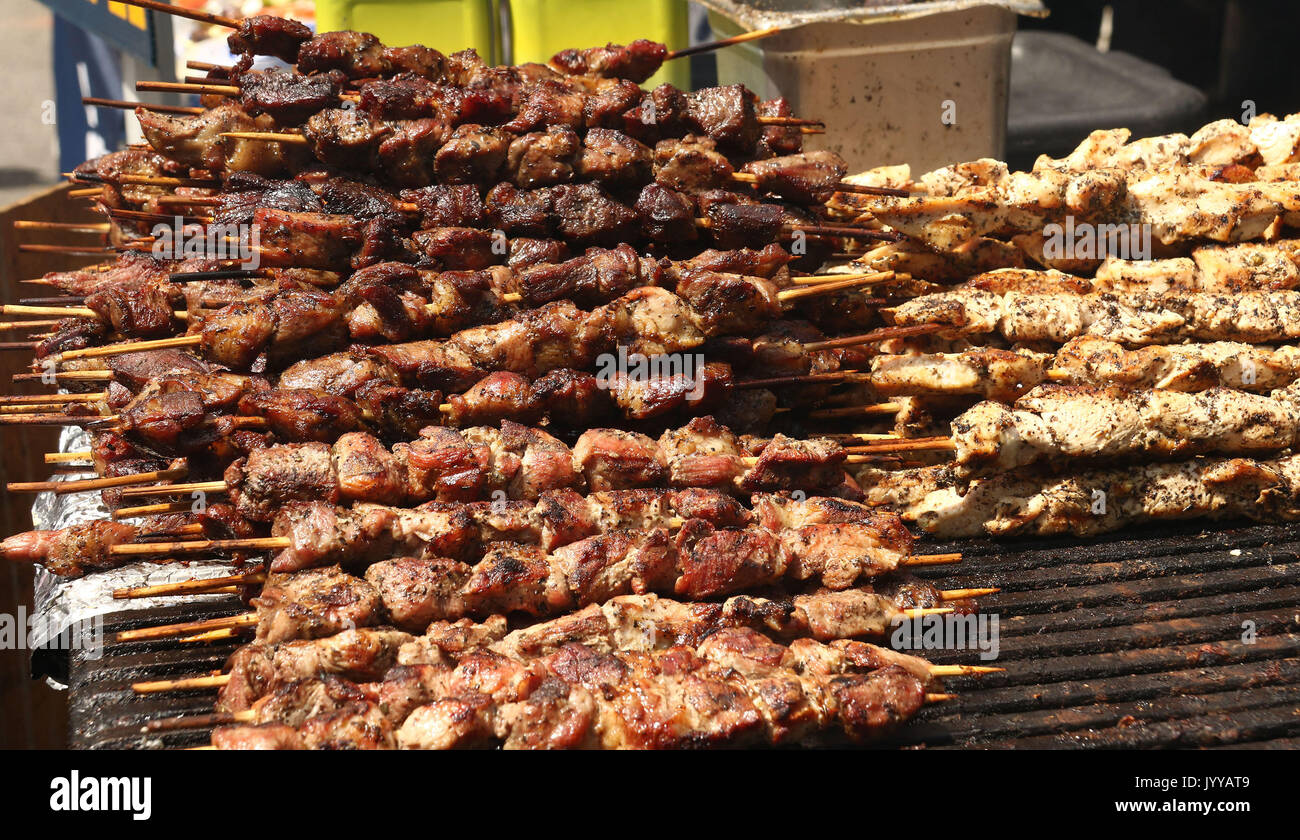 Brochettes de boeuf et poulet au barbecue Brochettes brochettes sur le gril Banque D'Images