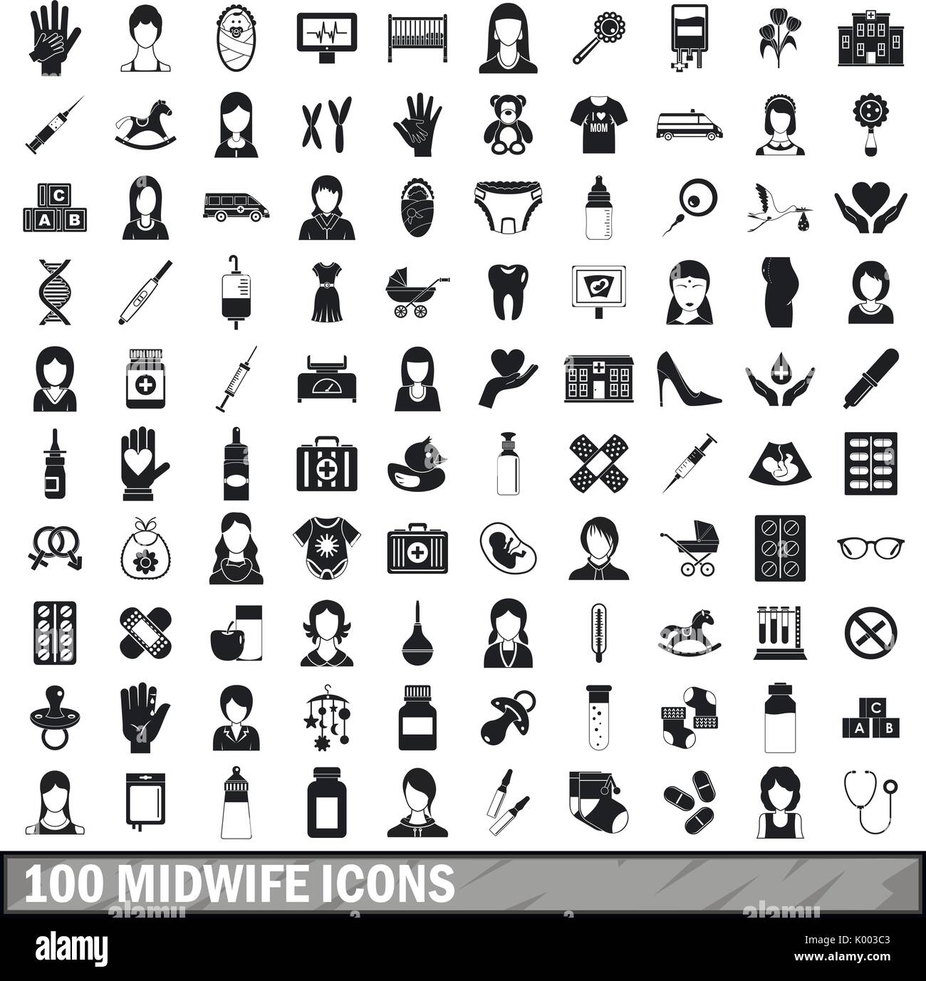 Sage-femme 100 icons set, le style simple Illustration de Vecteur
