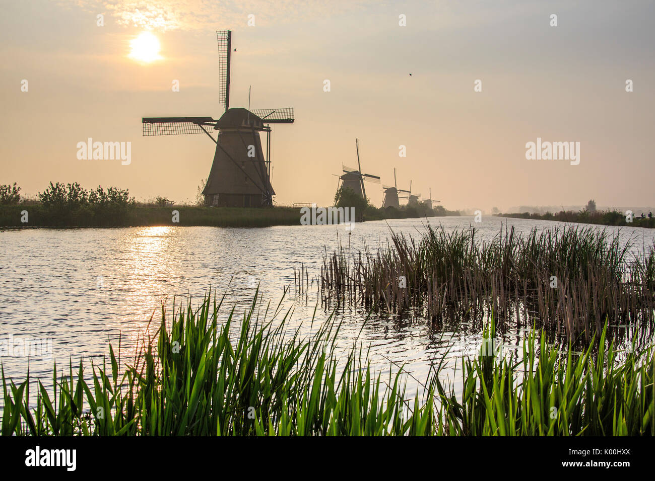 Soleil du matin se lever brille dans le canal où les moulins à vent se reflètent Kinderdijk Rotterdam Pays-Bas Hollande du Sud Europe Banque D'Images