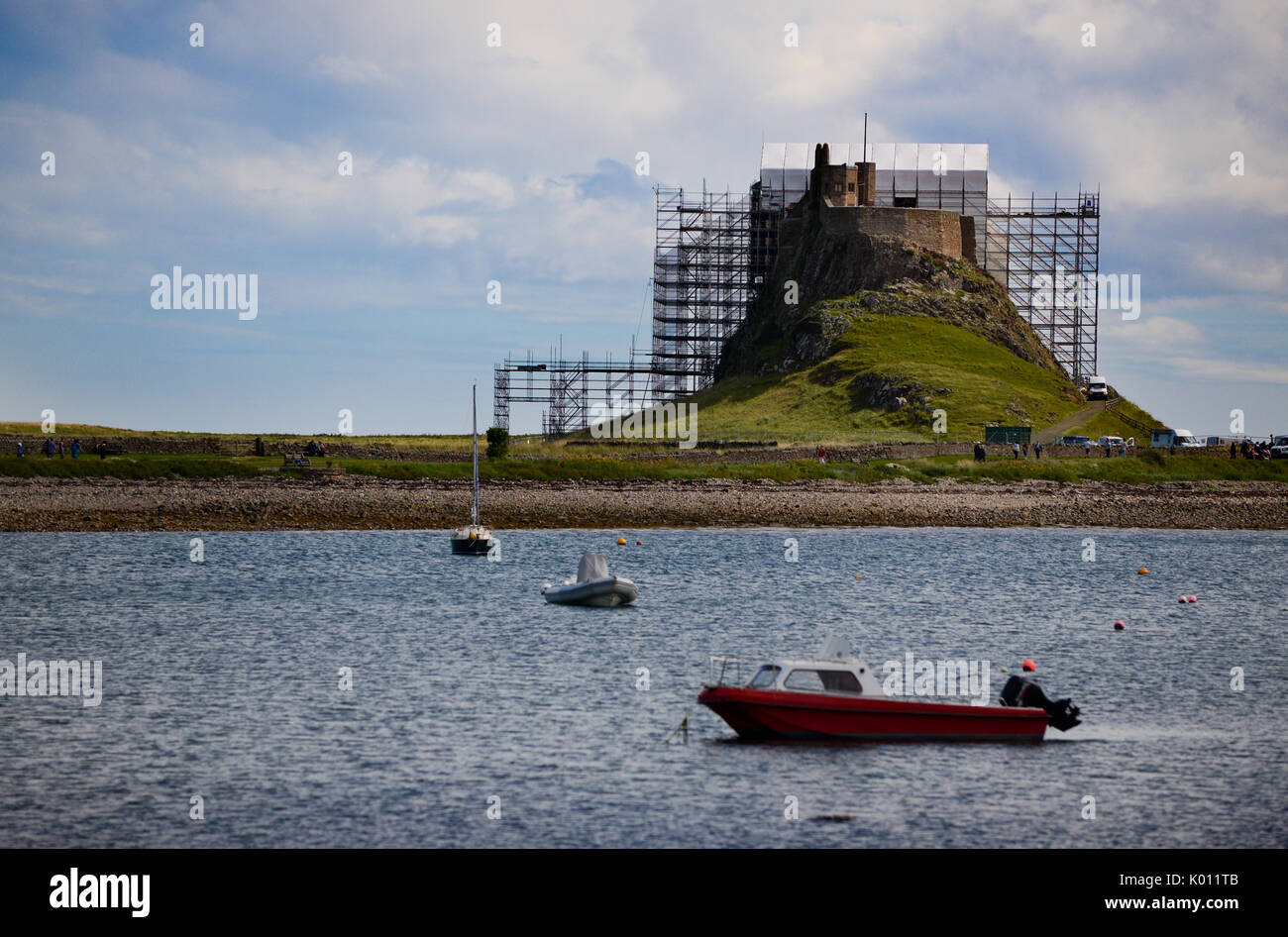 Château de Lindisfarne en réparations majeures Banque D'Images