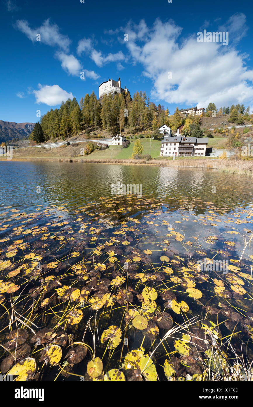 Les feuilles d'automne tombées dans le lac du châssis de l'ancien Château de Tarasp district Inn Canton des Grisons Engadine Suisse Europe Banque D'Images