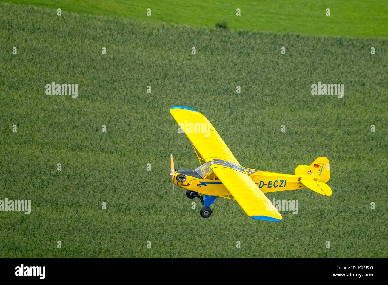 Moteur avion Piper Cub jaune plus de Schwelm, GA, l'aviation générale, les avions légers, champ de céréales, de Schwelm, Ruhr, Rhénanie du Nord-Westphalie, Allemagne, Banque D'Images