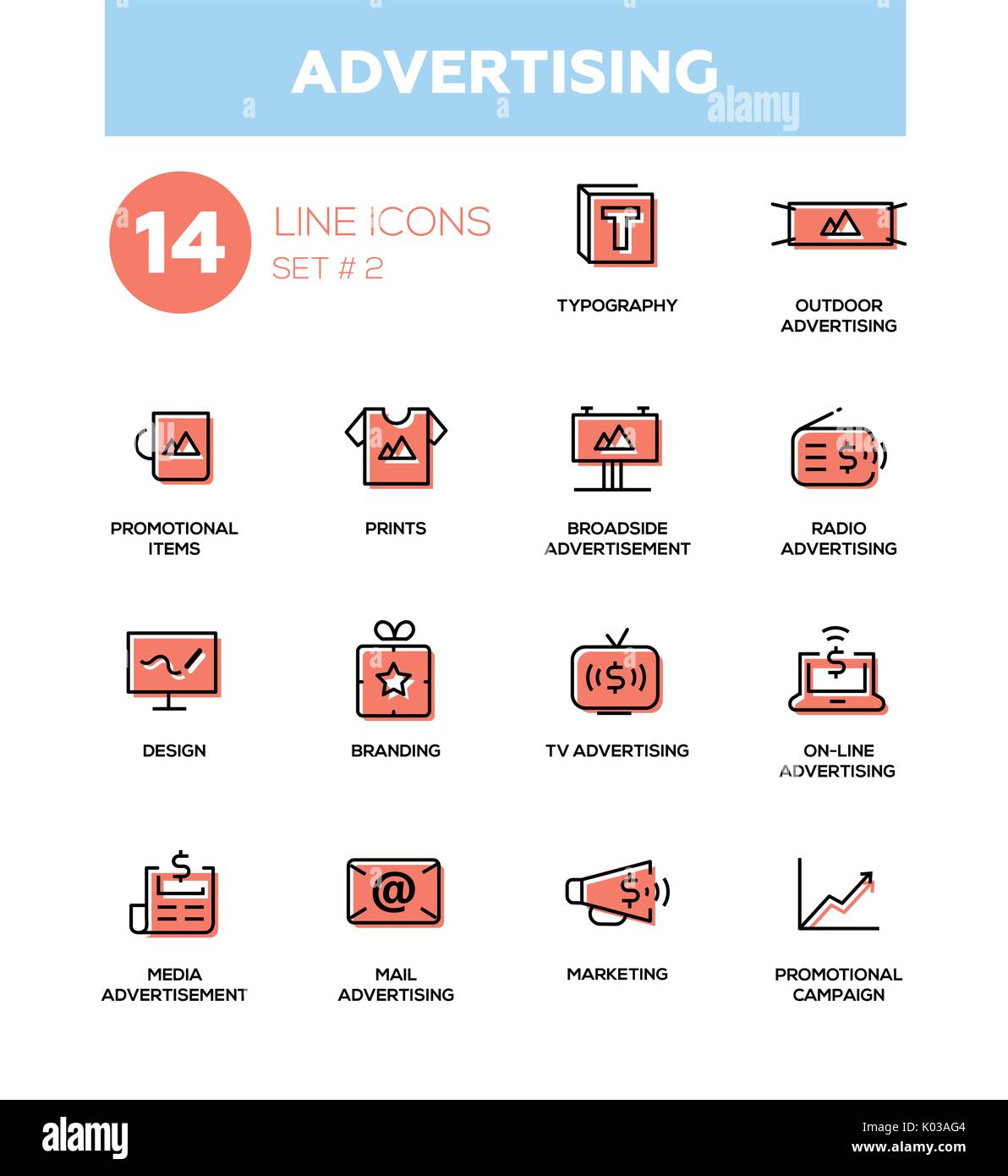 Publicité - icônes modernes, simples, jeu de pictogrammes Illustration de Vecteur