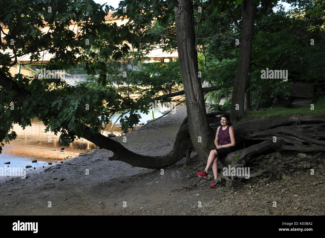 Femme assise sous un arbre d'ombrage sur les rives de la rivière Grand au Harpersfield Covered Bridge Metro Park dans Ashtabula Comté (Ohio). Banque D'Images